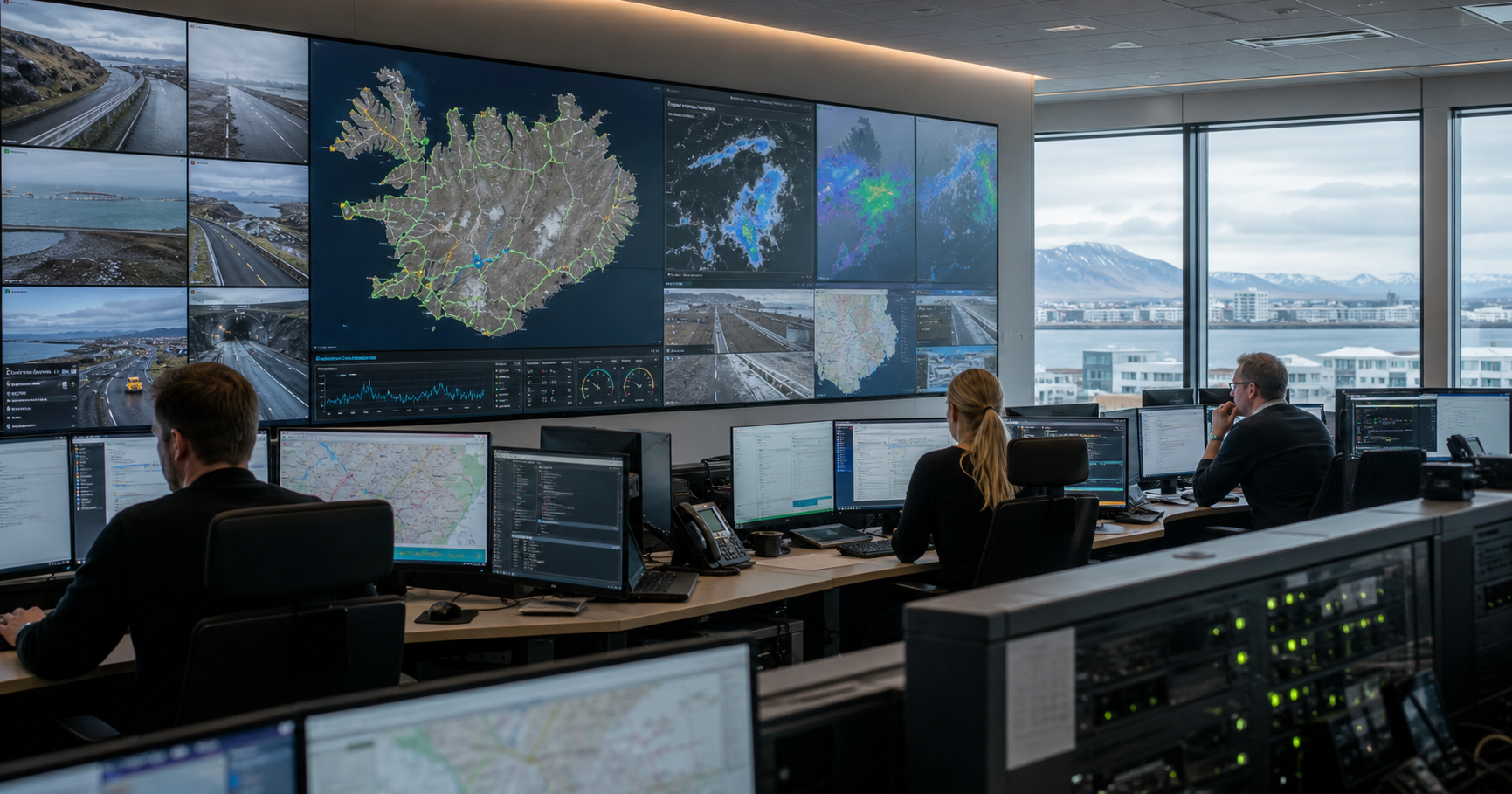 Government network monitoring room showing AS211734 BGP data and Vegagerdin branding.