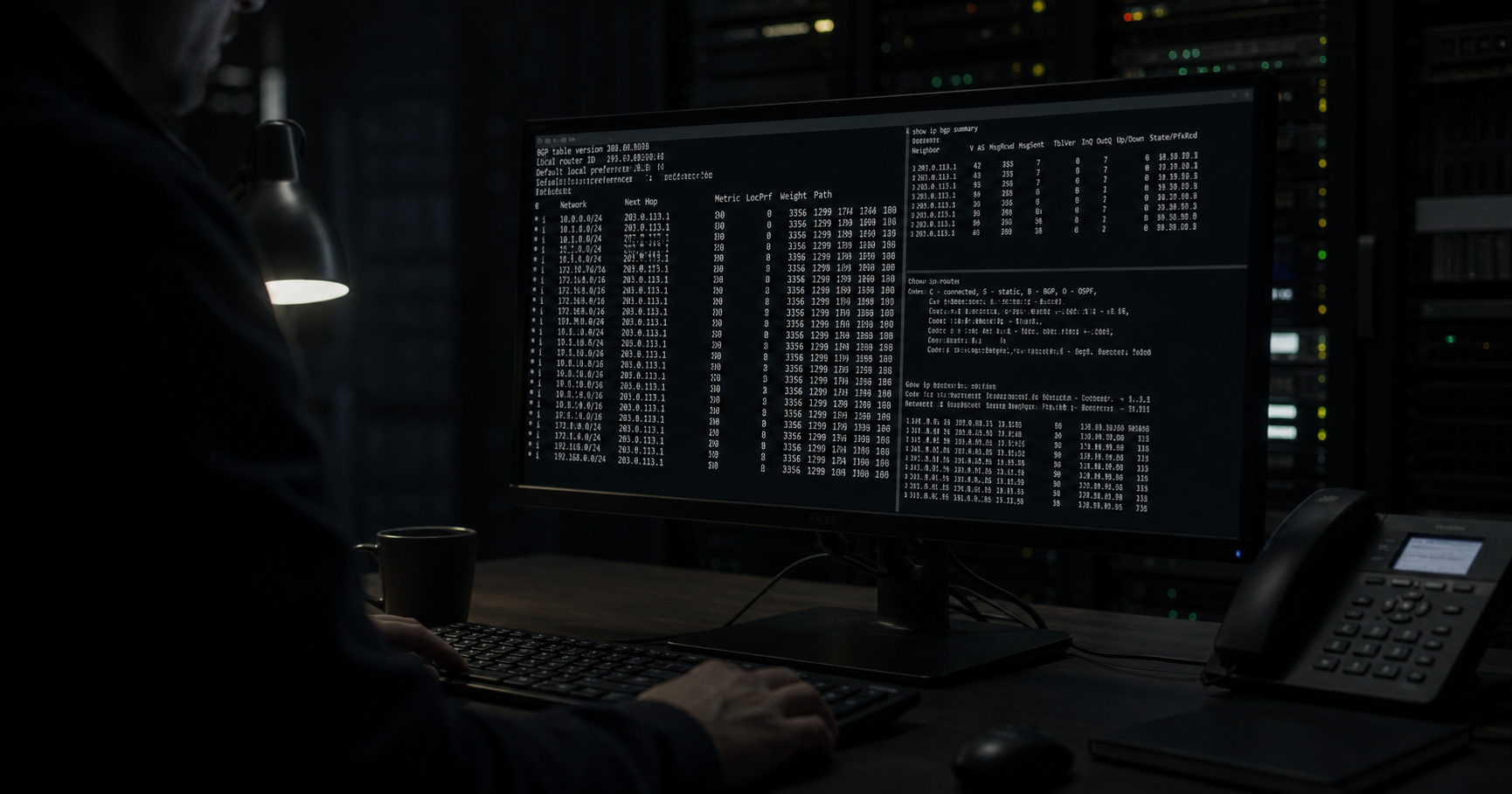 Dimly lit room with a terminal displaying BGP routes, a silhouette near keyboard symbolizing unseen control over AS211726.
