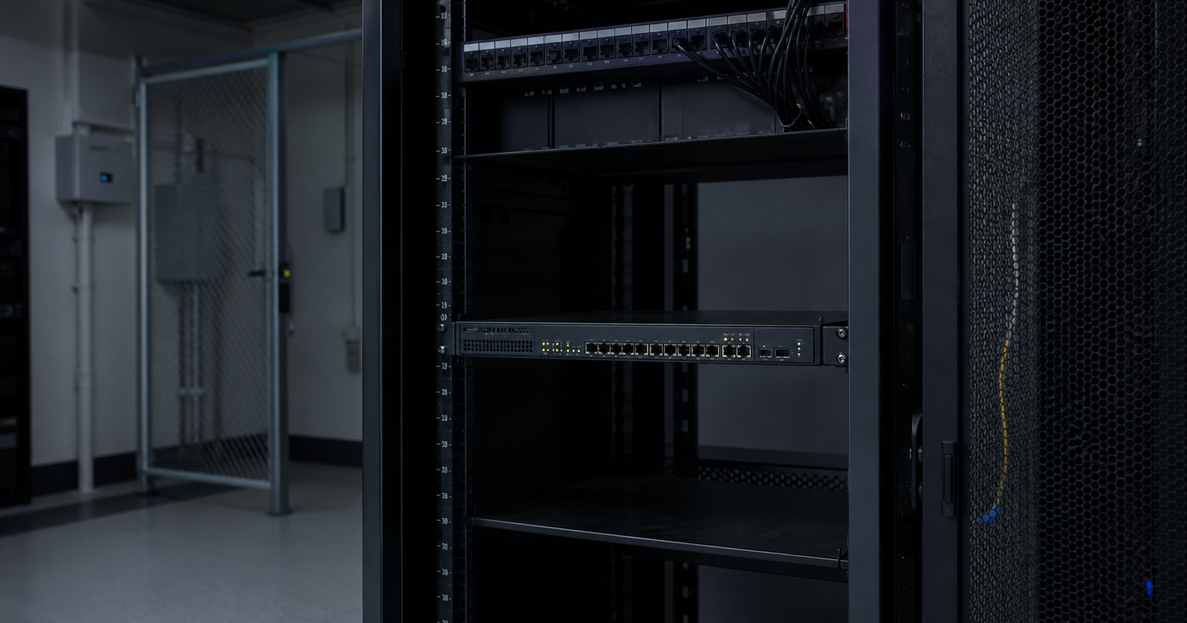 A dormant router with a blinking status light for AS211721 in a quiet networking room.