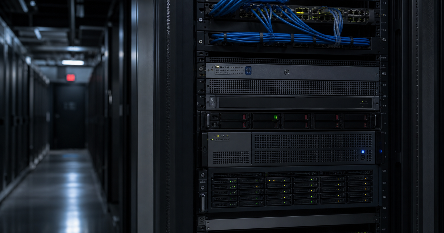 A dimly lit server room with a single rack-mounted server in stand-by mode, its network port dark and fiber cable plugged but inactive, evoking latent potential.