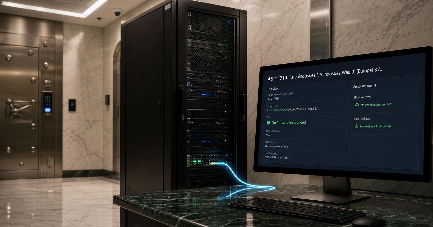 Isometric illustration of a server rack inside a marble-clad bank vault, glowing fiber optic cable leading to a terminal displaying AS211719 and 'No Prefixes Announced'.