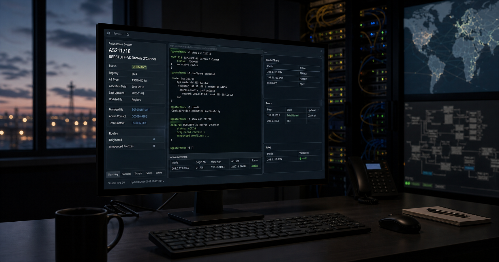 A dim network operations center with a single monitor showing the RIPE NCC database entry for AS211718, highlighting 'BGPSTUFF-AS Darren O'Connor'.