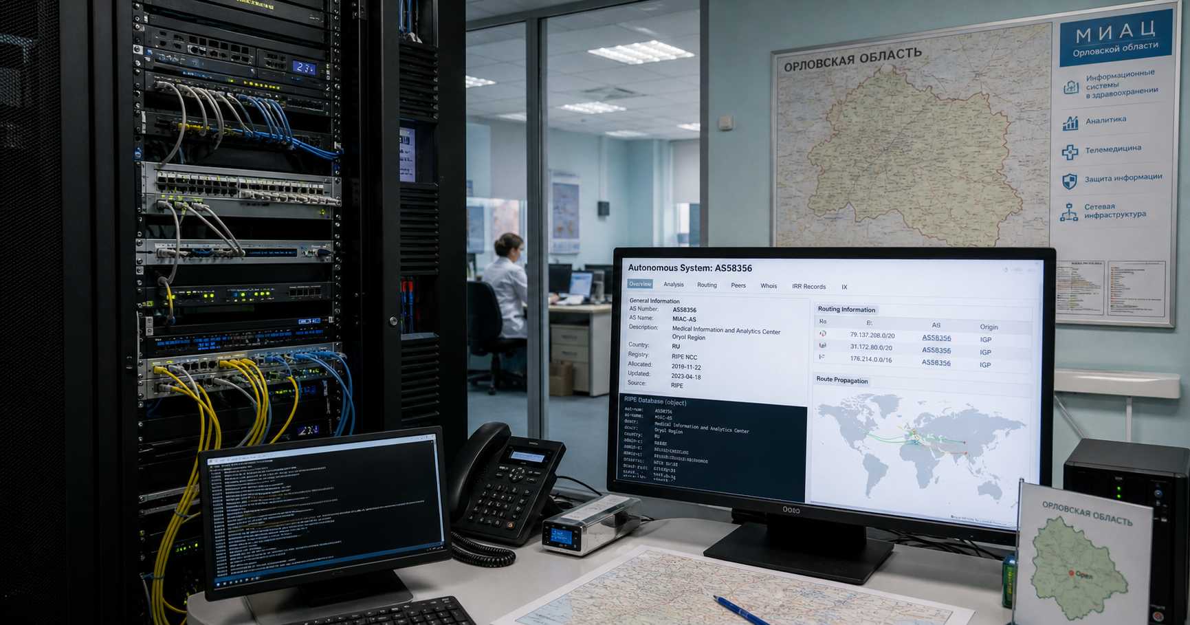 A photorealistic depiction of a small hospital network operations center with networking equipment and a monitor displaying RIPE database information, set in Oryol.
