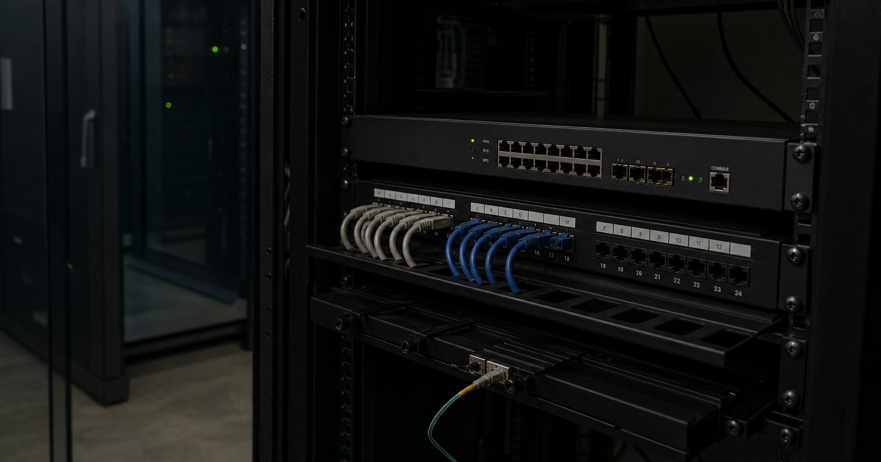 Server rack featuring a fiber cable tagged AS211711 plugged into an unlit switch port, representing latent network infrastructure.