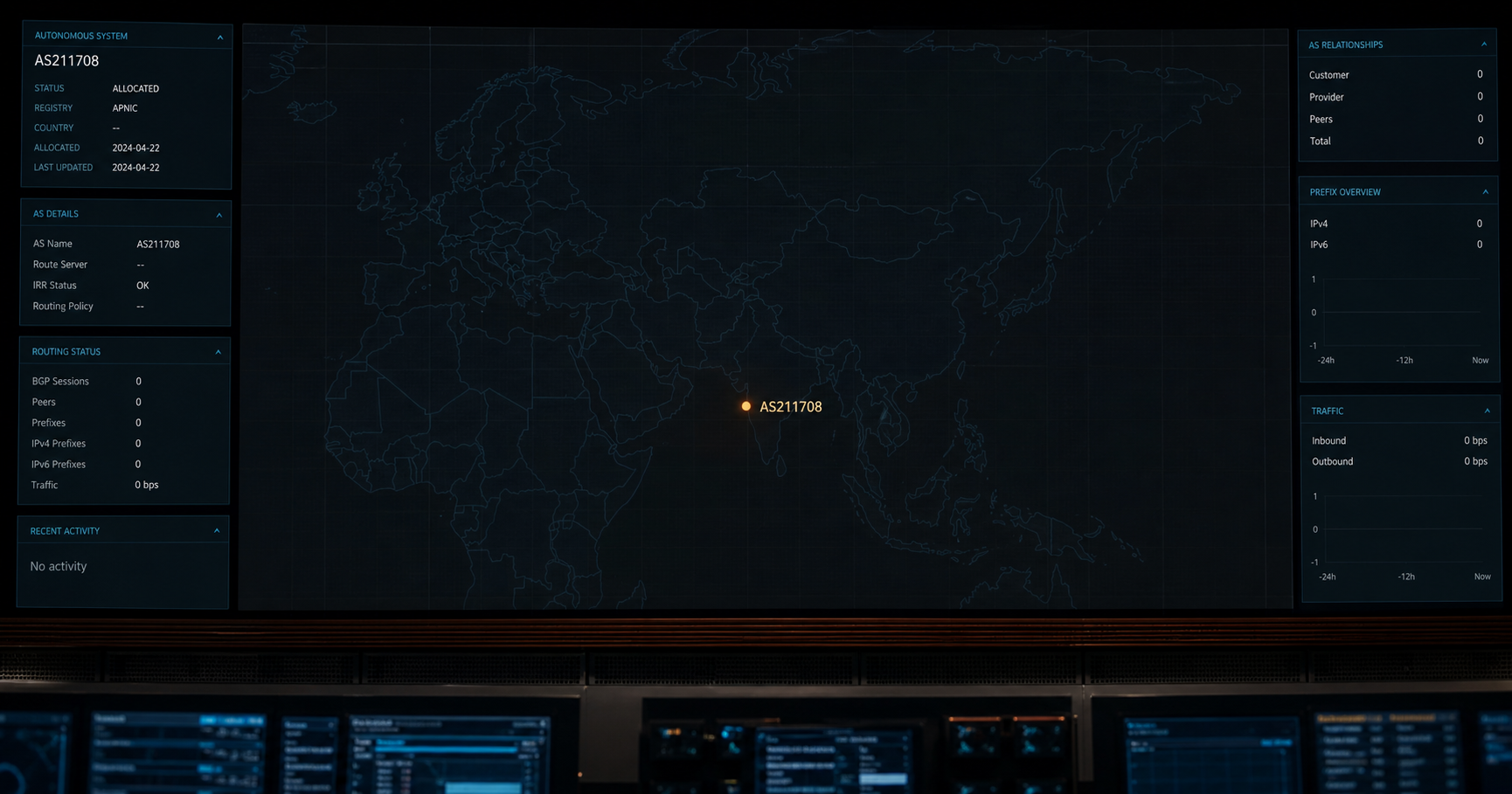 A solitary, glowing node labeled AS211708 on a dark network map, with no active connections or routing lines extending outward.