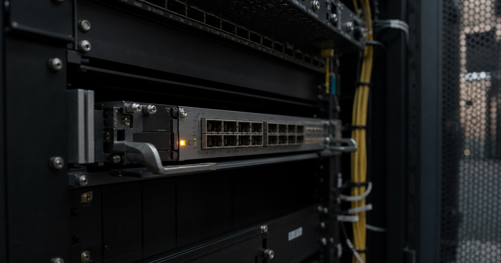 A network interface card in a dark equipment rack, its status LED faintly blinking amber, symbolizing a dormant autonomous system waiting to be activated.