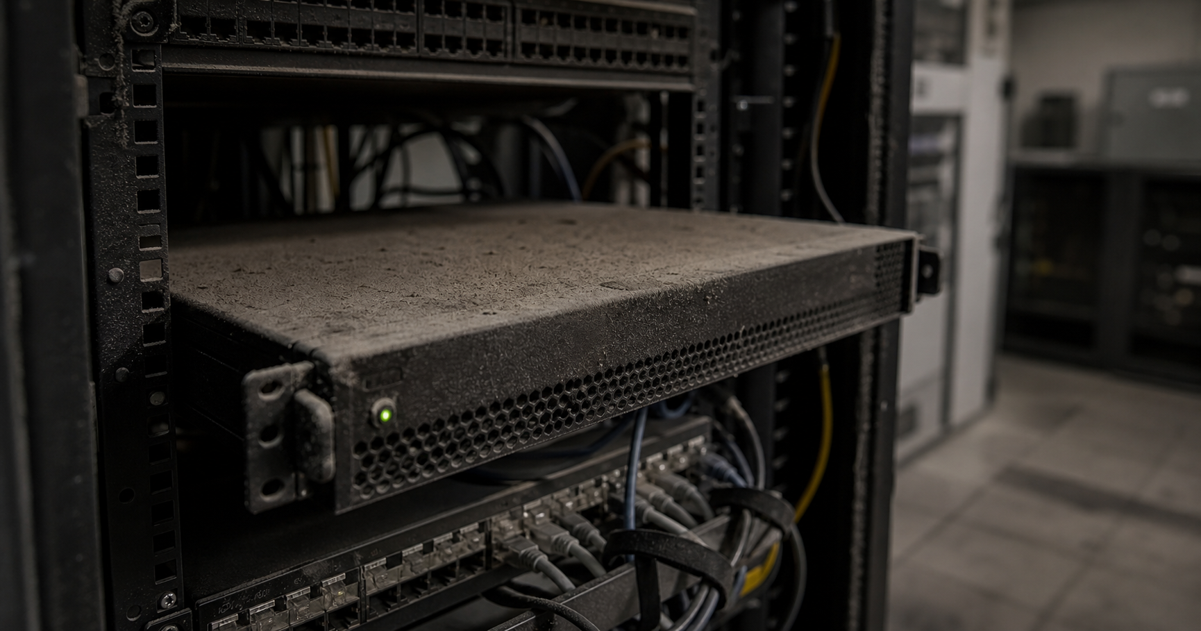 A dimly lit server rack with a single unit showing a faint LED light and dust accumulation, symbolizing a dormant autonomous system.