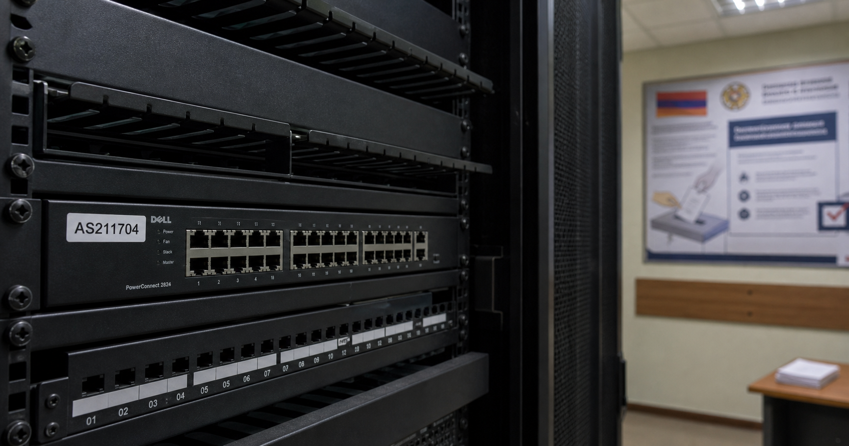 A dimly lit server closet in a government building in Yerevan, a single network switch with a blinking AS211704 label, surrounded by unconnected cables, while a faded poster of Armenian elections hangs askew, conveying dormant digital sovereignty.