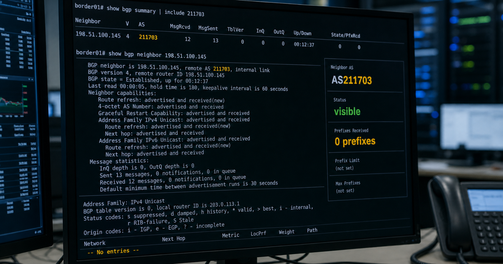 Monitoring screen showing AS211703 BGP status: visible, no prefixes.