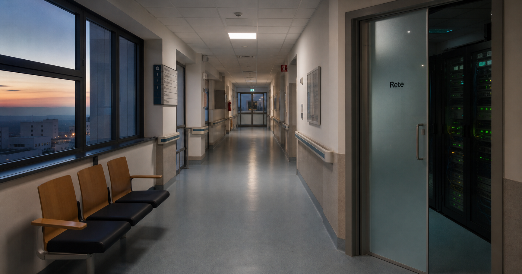 A quiet hospital corridor at dusk with server lights behind a translucent door marked 'Rete' and a holographic RIPE NCC registry entry showing empty prefix fields.