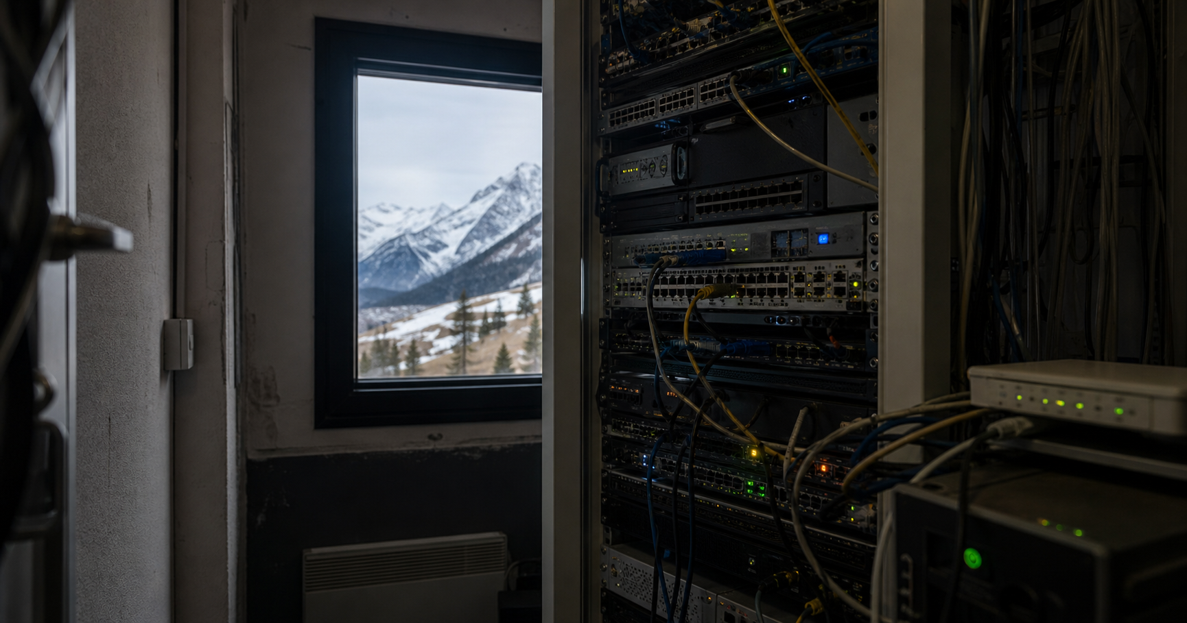 Dark server room with rack labeled ALPES-NET, blinking lights, and Alps visible through window.