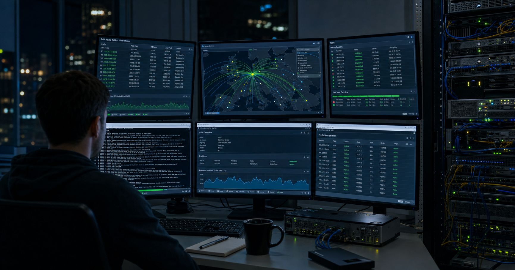 Editorial illustration of an anonymous network operator at a console with glowing lines representing BGP routes, the identifier AS211688 visible on a screen.