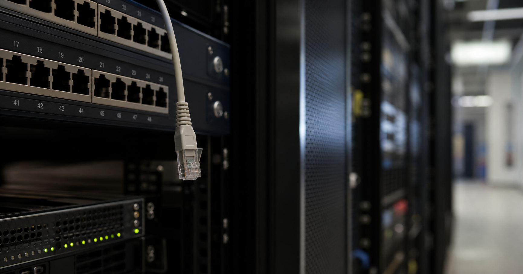 A single dormant patch cable with an amber-glowing connector hangs from a dark server room patch panel, symbolizing the latent potential of HCORE-LTD's AS211687.