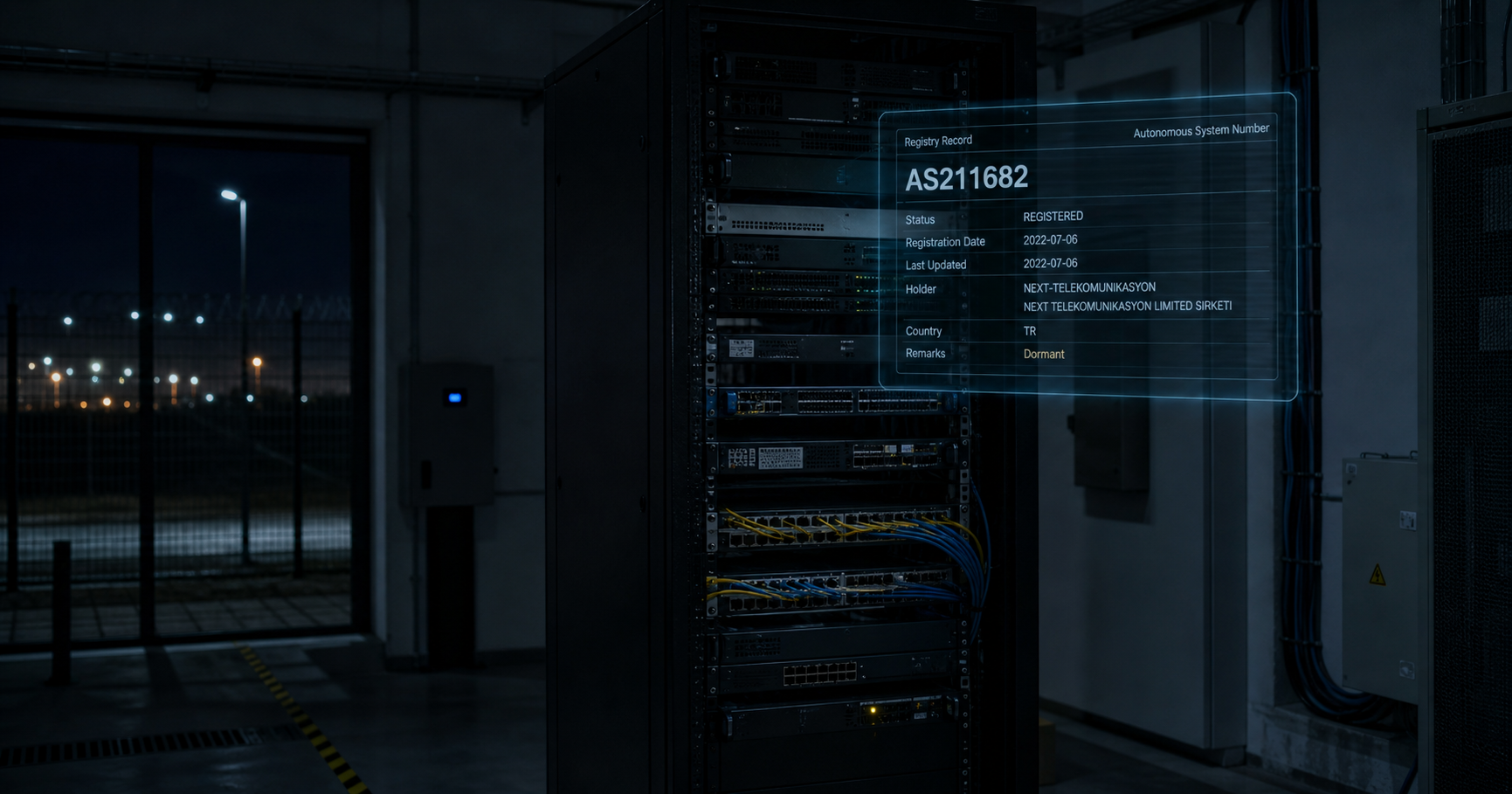 A server room with an inactive rack and a holographic registry document for AS211682.