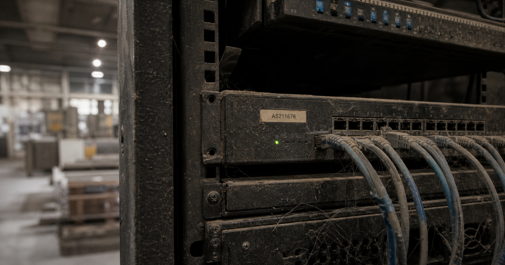 A close-up of a dusty network switch in a dark closet with a faded label reading AS211676, a cobweb, and a blinking LED.