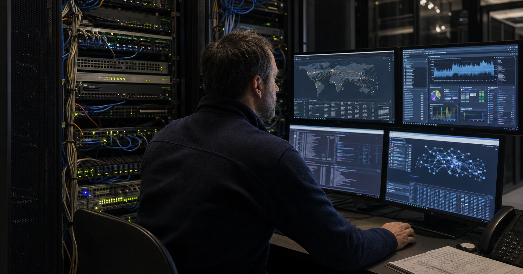 A person sitting at a console in a dark data center, with a holographic globe showing a highlighted network node.