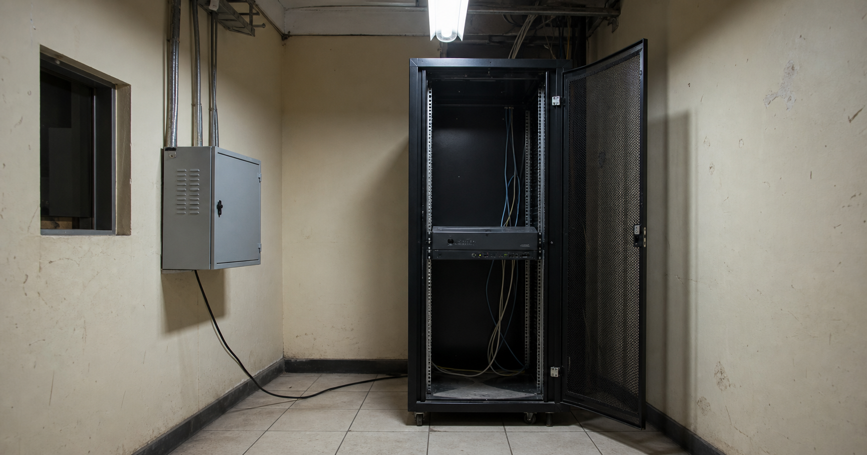 A dimly lit server room with a single rack-mounted network device.