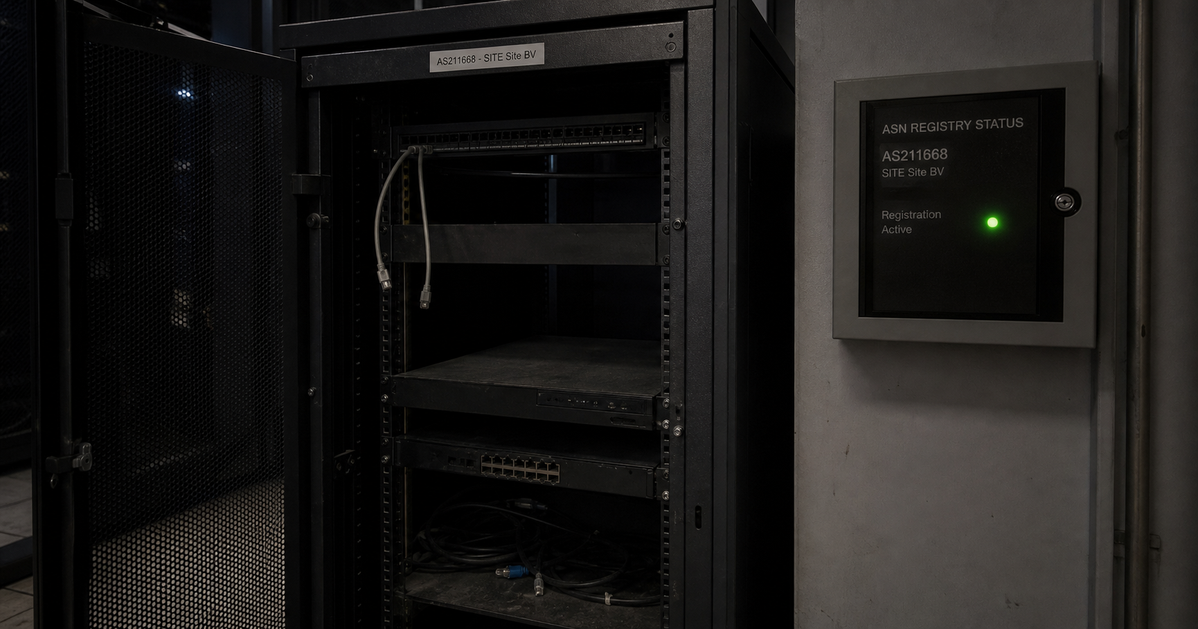 A dimly lit server room with an unplugged rack labeled 'AS211668 - SITE Site BV', gathering dust, while a nearby panel shows a green light for the ASN entry.