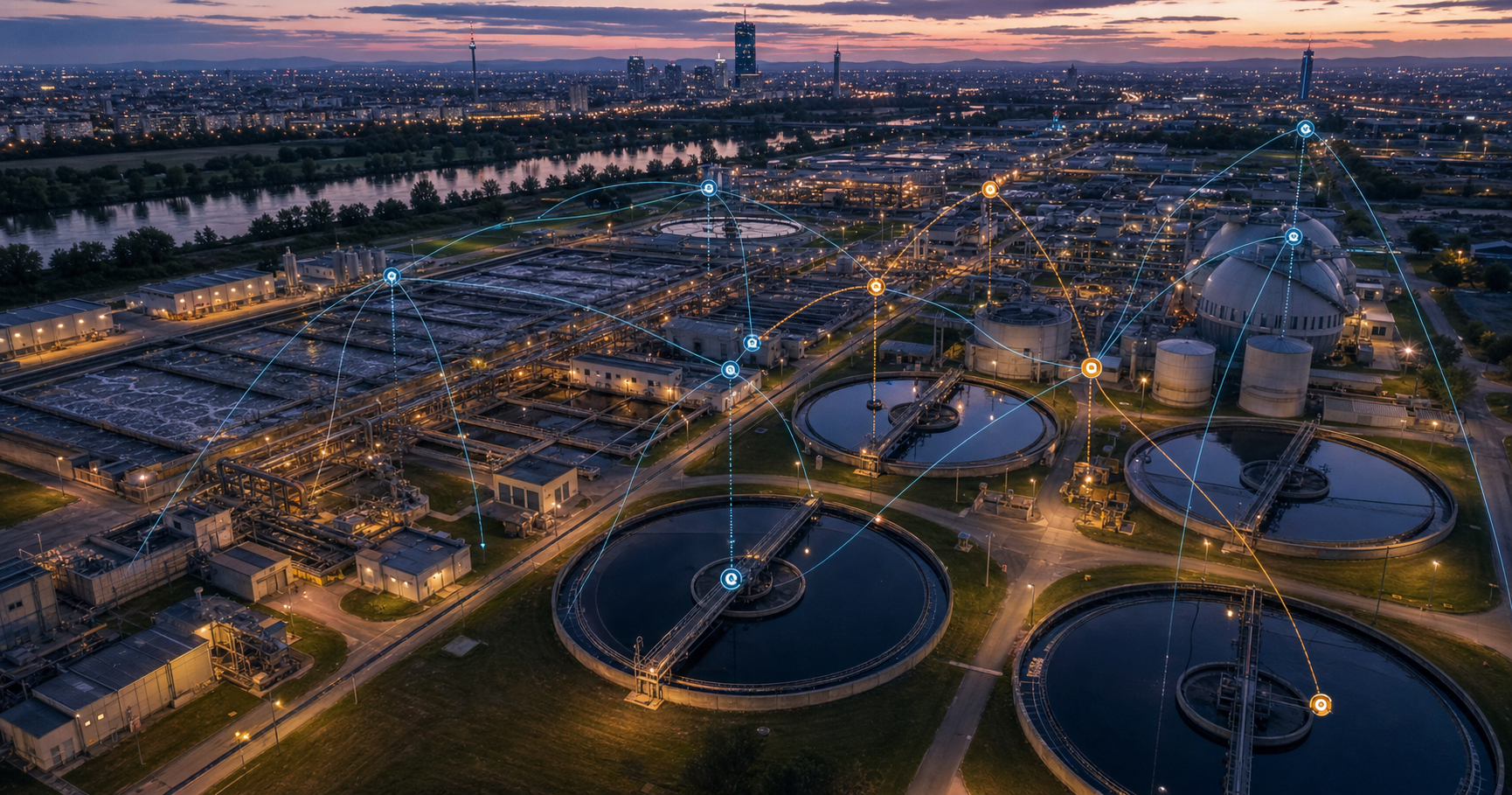 Aerial view of a wastewater treatment plant at dusk with translucent BGP route overlay representing AS211666's latent network control.