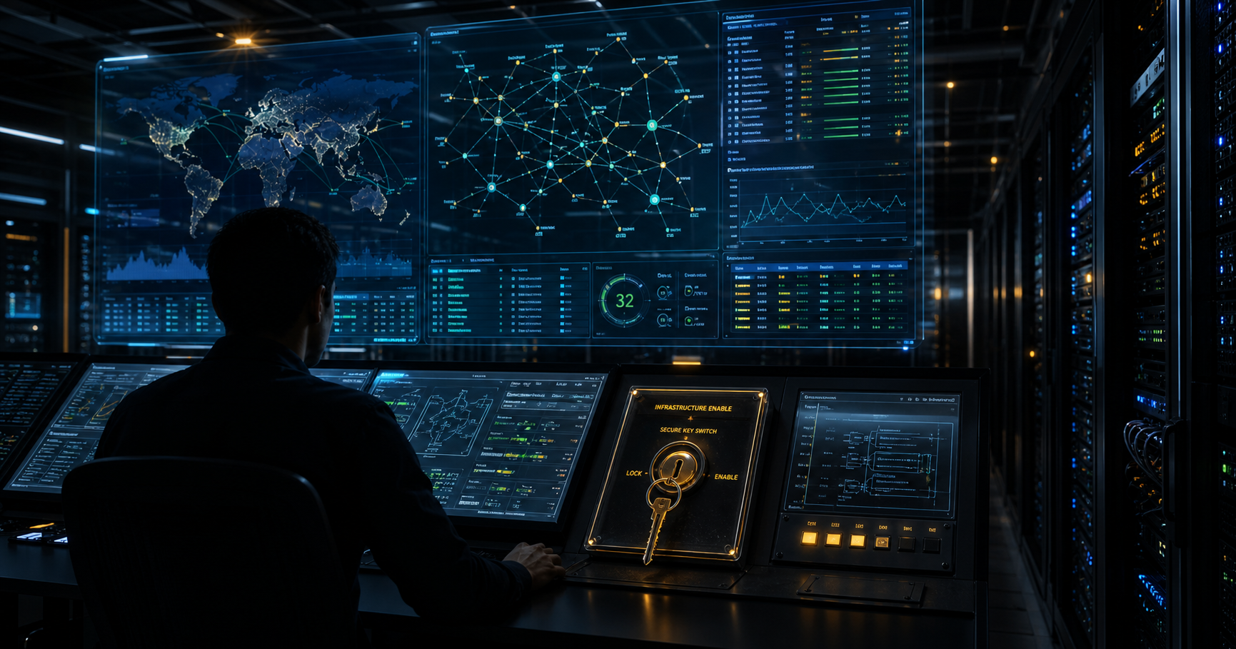 A silhouetted engineer in a dark network operations room waits before a holographic BGP table showing zero prefixes for AS211665, conveying dormant network capability.