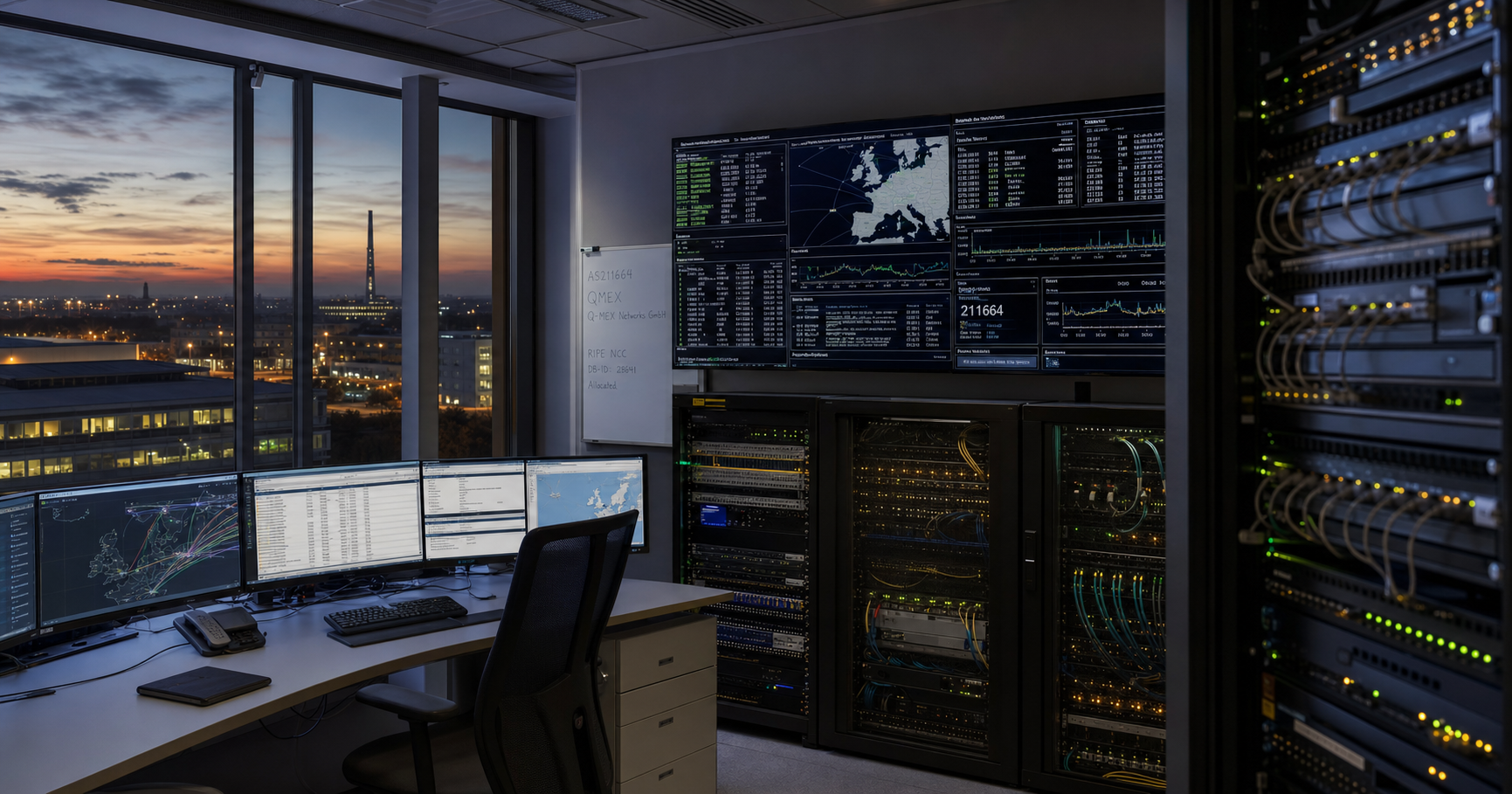 AI-generated editorial image for QMEX Q-MEX Networks GmbH showing the public operating context described by verified sources: The entity operates as a Local Internet Registry (LIR) under RIPE NCC, managing IP resources and holding an autonomous system number.