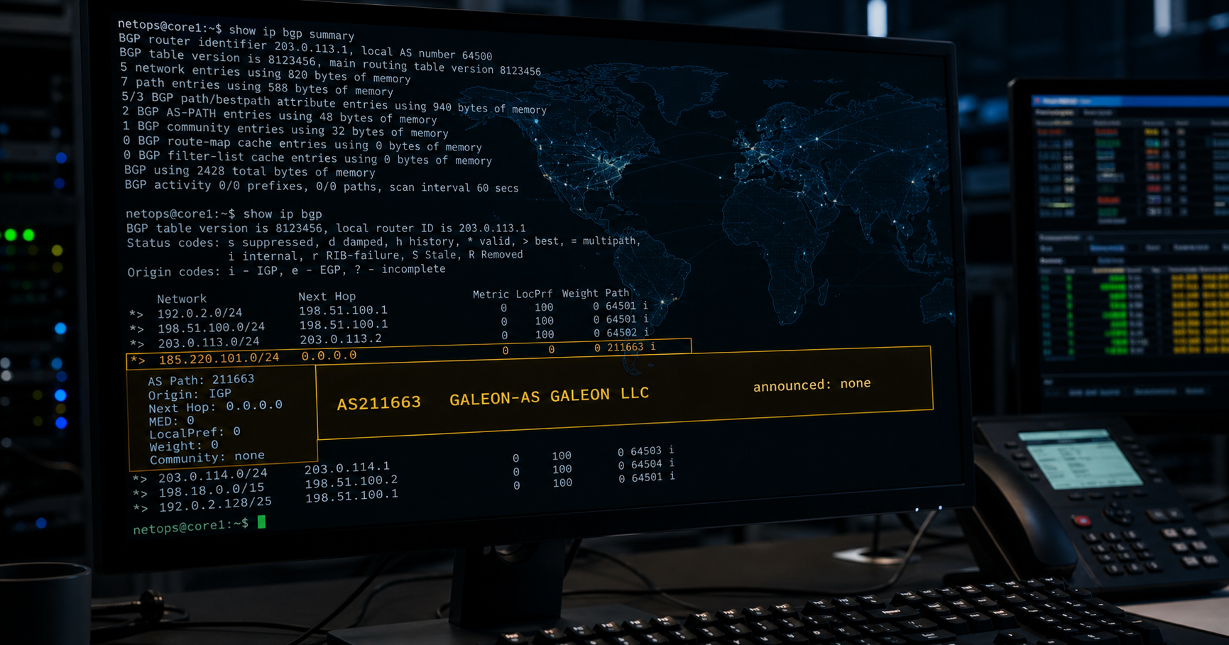 BGP terminal output highlighting AS211663 with no active announcements.