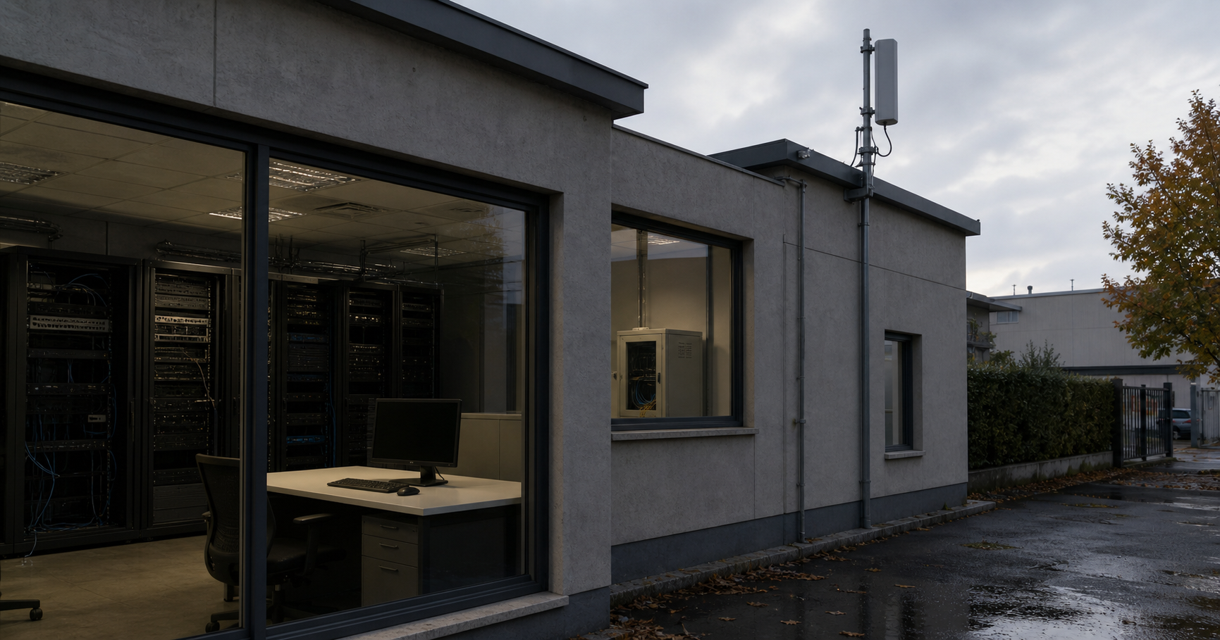 A dark server room with a single rack and a monitor showing an empty BGP prefix list for AS211661, symbolizing dormant potential.