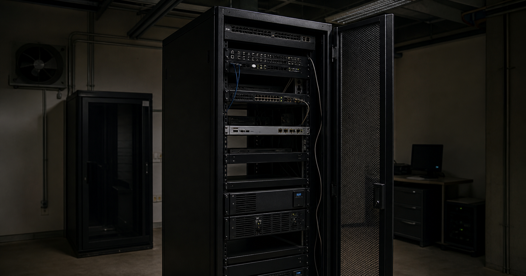 A dim server room with a single rack and a monitor displaying a WHOIS query for AS211659, suggesting dormant network capability.