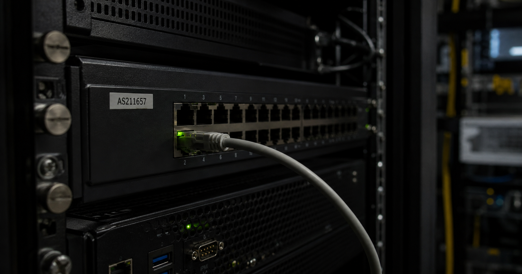 A dimly lit data center with a glass-fronted network rack.