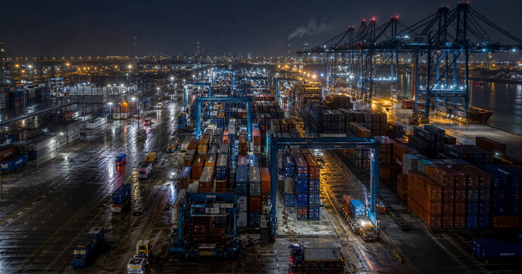 Container terminal at night with a network equipment rack and a faint holographic overlay of AS211656 and potential internet routing paths.