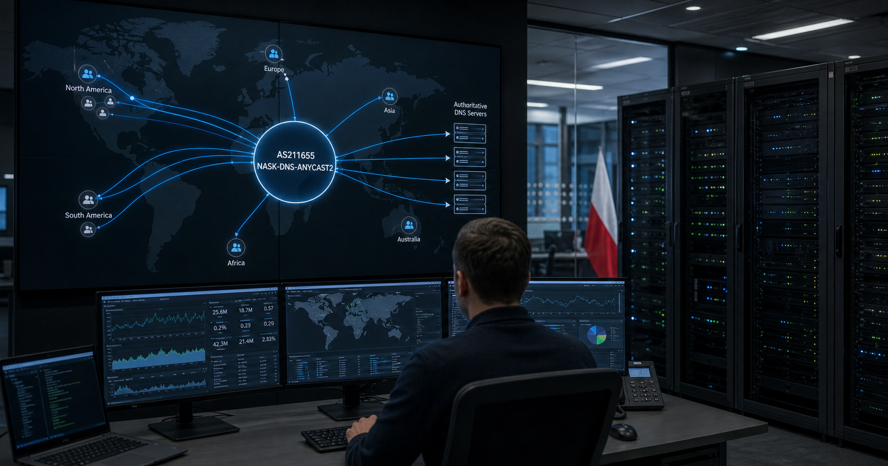 A technical illustration of AS211655, the DNS anycast node, embedded in Poland's .pl domain resolution infrastructure with data flows from global users.