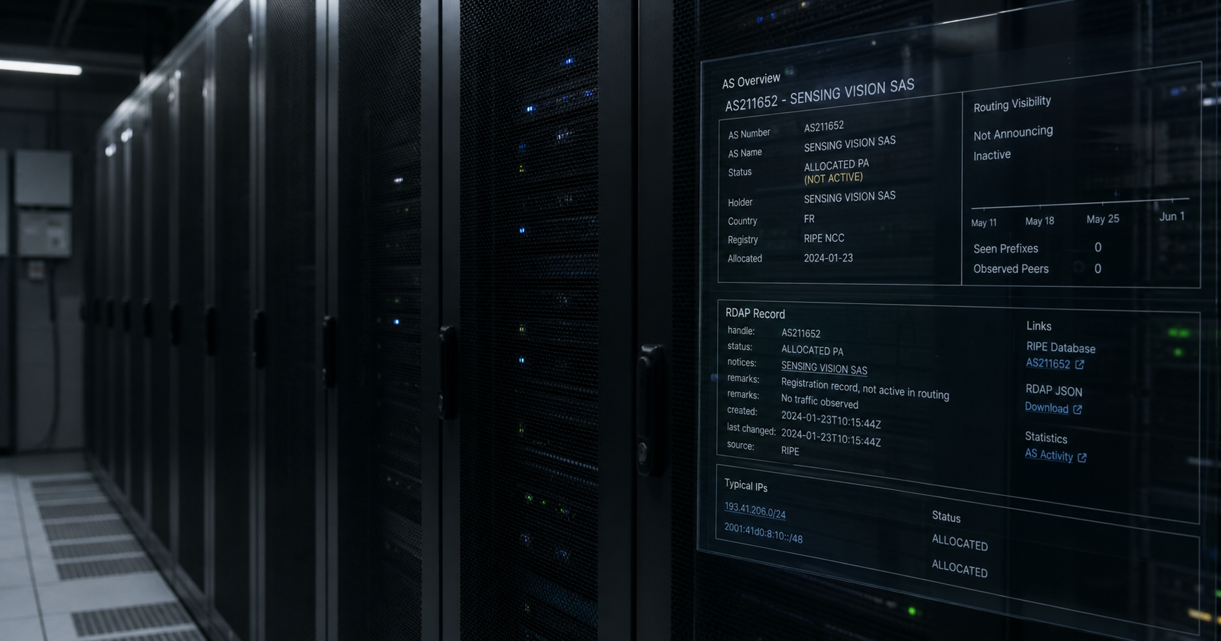 A dimly lit data center aisle with a server rack; one blade's network LED is dark, while a transparent overlay displays an RDAP entry for sensingvision Sensing Vision SAS AS211652.