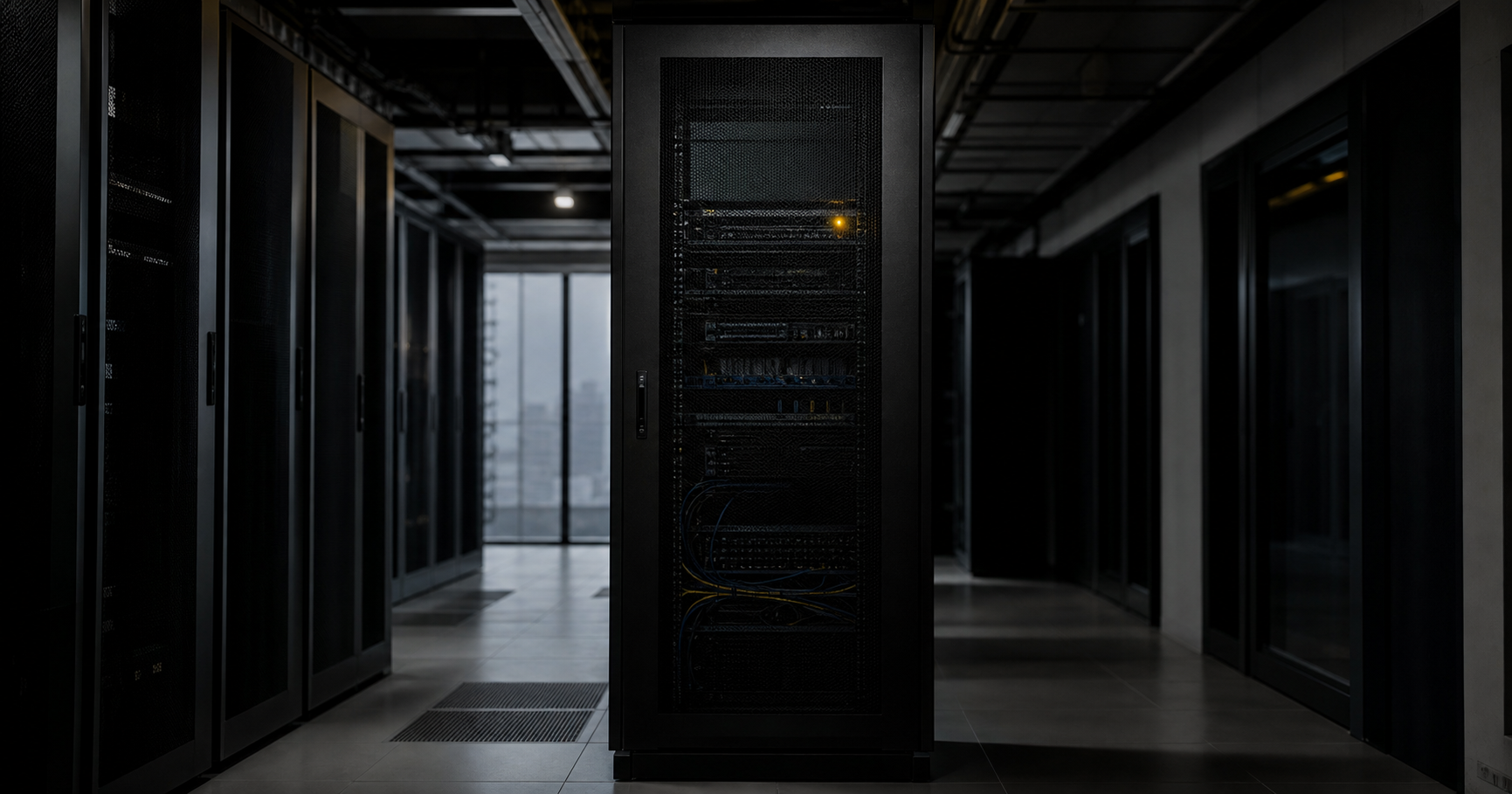 A dimly lit server room with a single unlit rack.