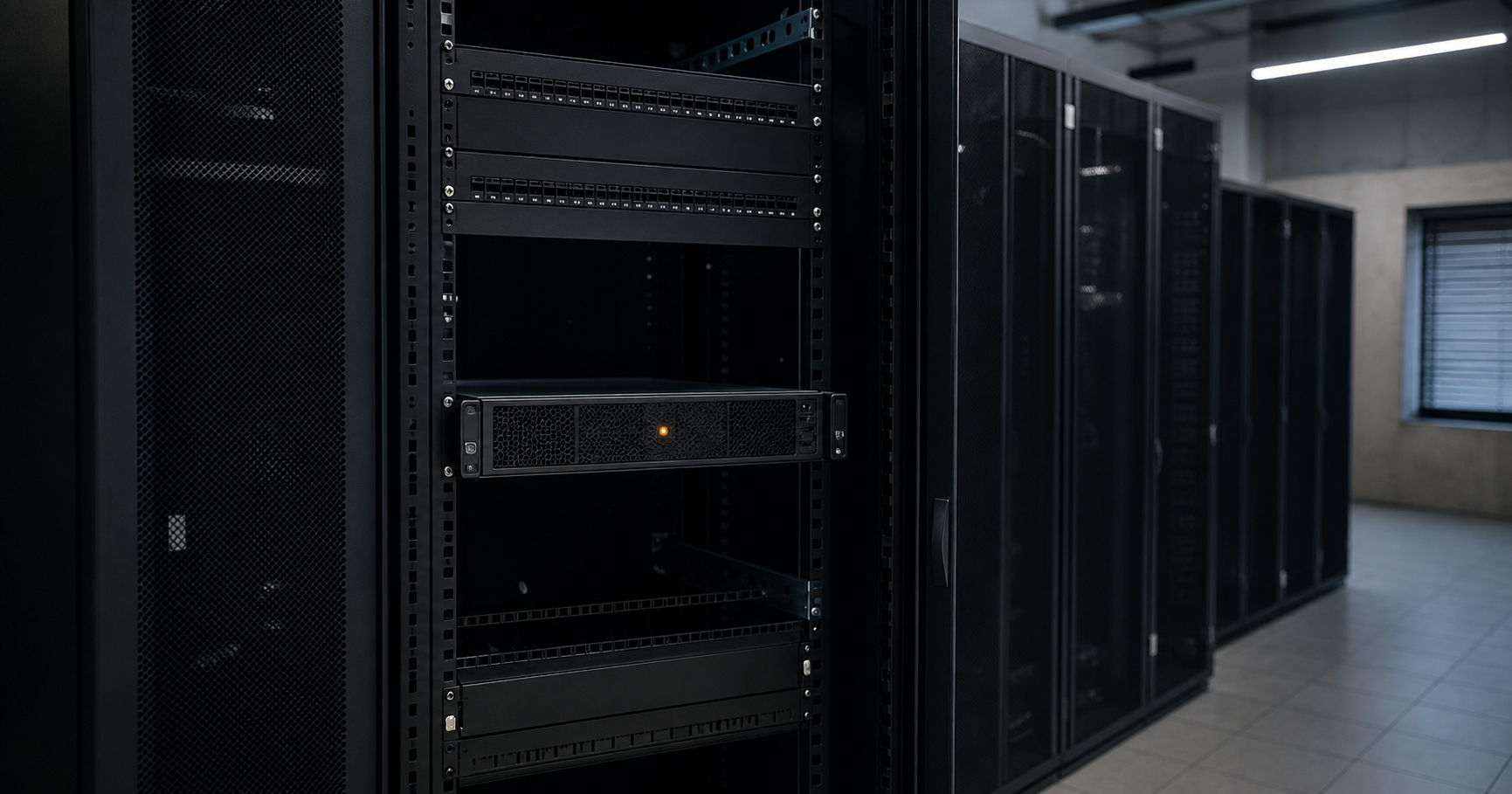 A dimly lit server room with one rack unit powered but no network cables connected; a single status LED blinks amber, conveying dormant infrastructure awaiting activation.