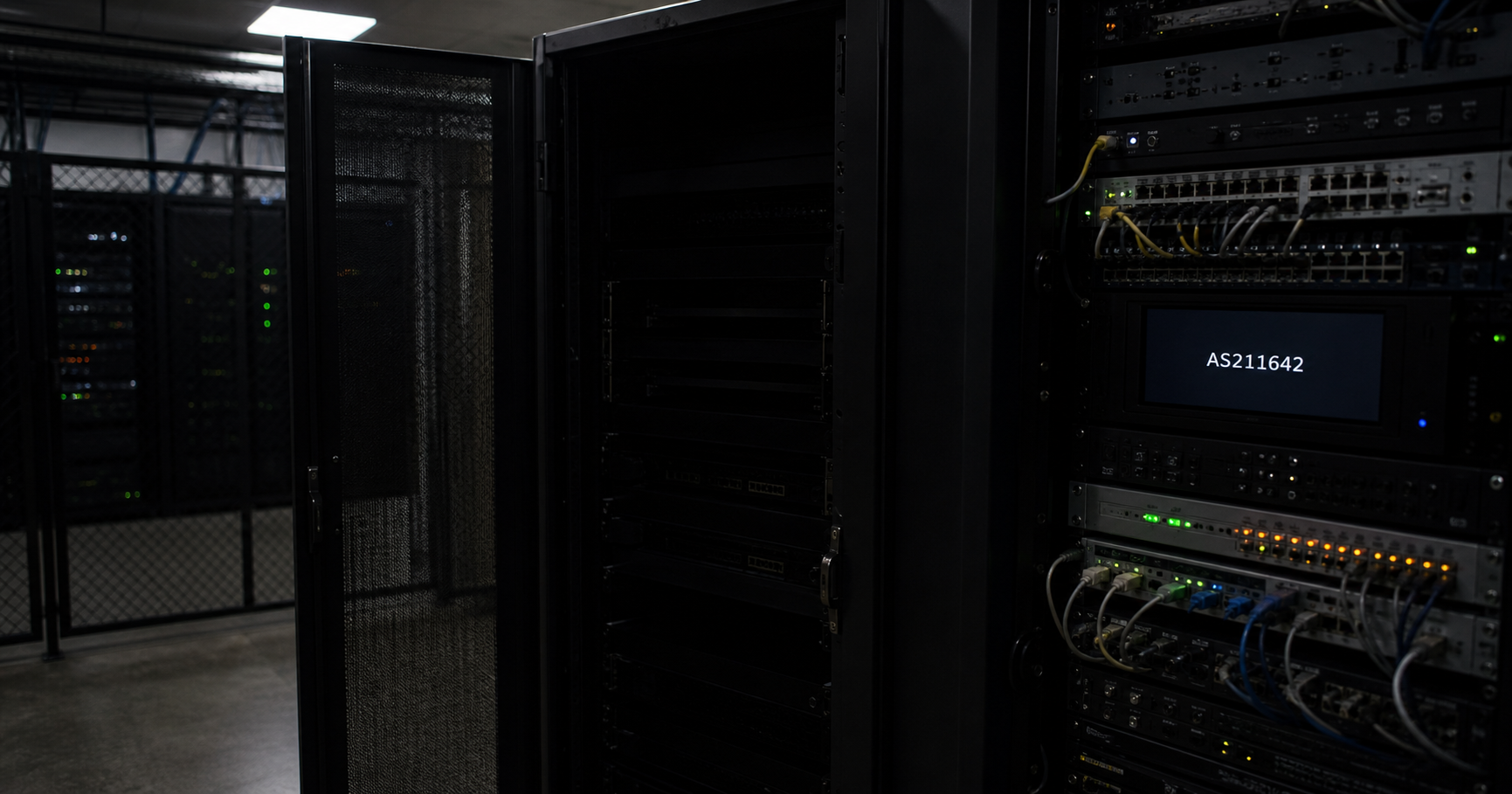 A server room with a single rack that is mostly powered off, except for a network switch showing a flickering status light labeled AS211642.
