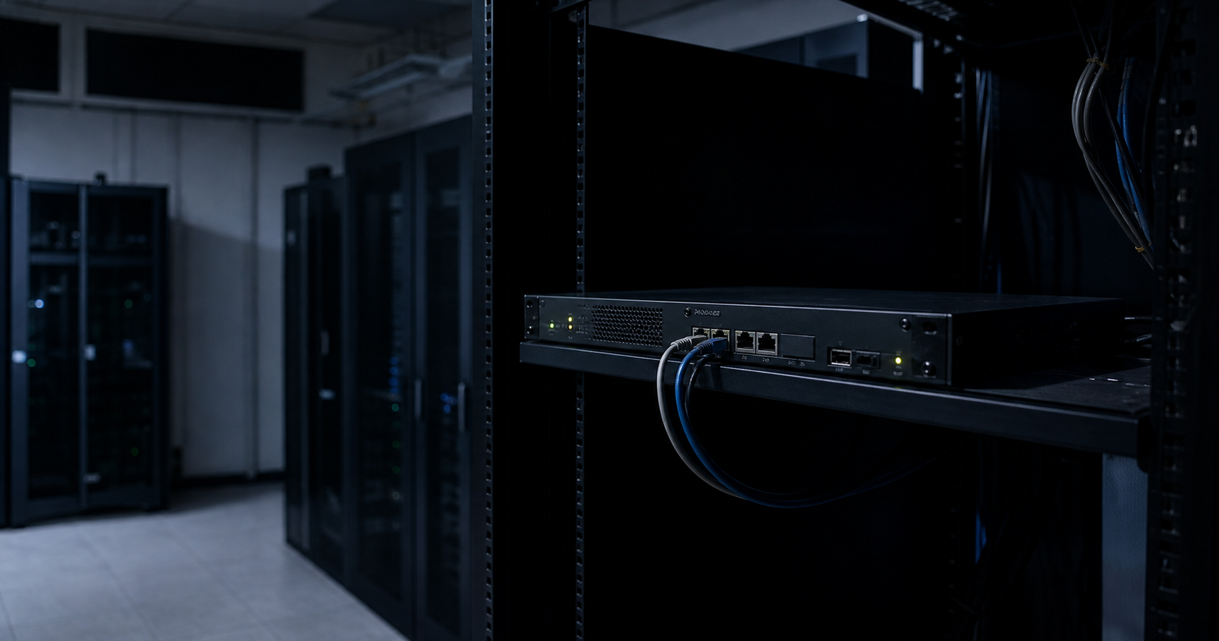 A dimly lit server room with a single router showing the dormant AS211575 under the name 'RuiNetwork Rui Feng' on a monitor.