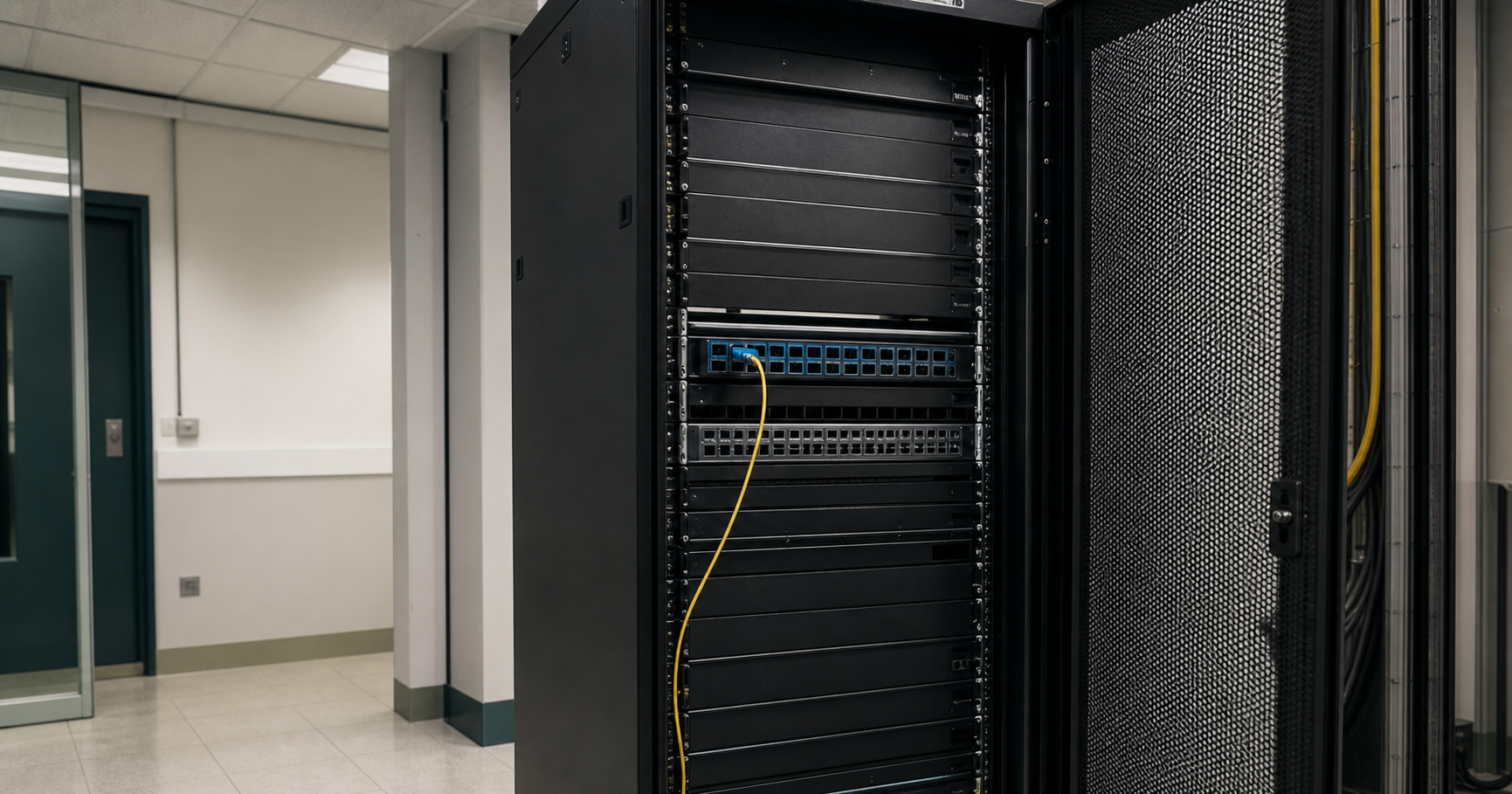 A dim server room housing a single rack of networking gear labeled 'Dienst Uitvoering Onderwijs'.
