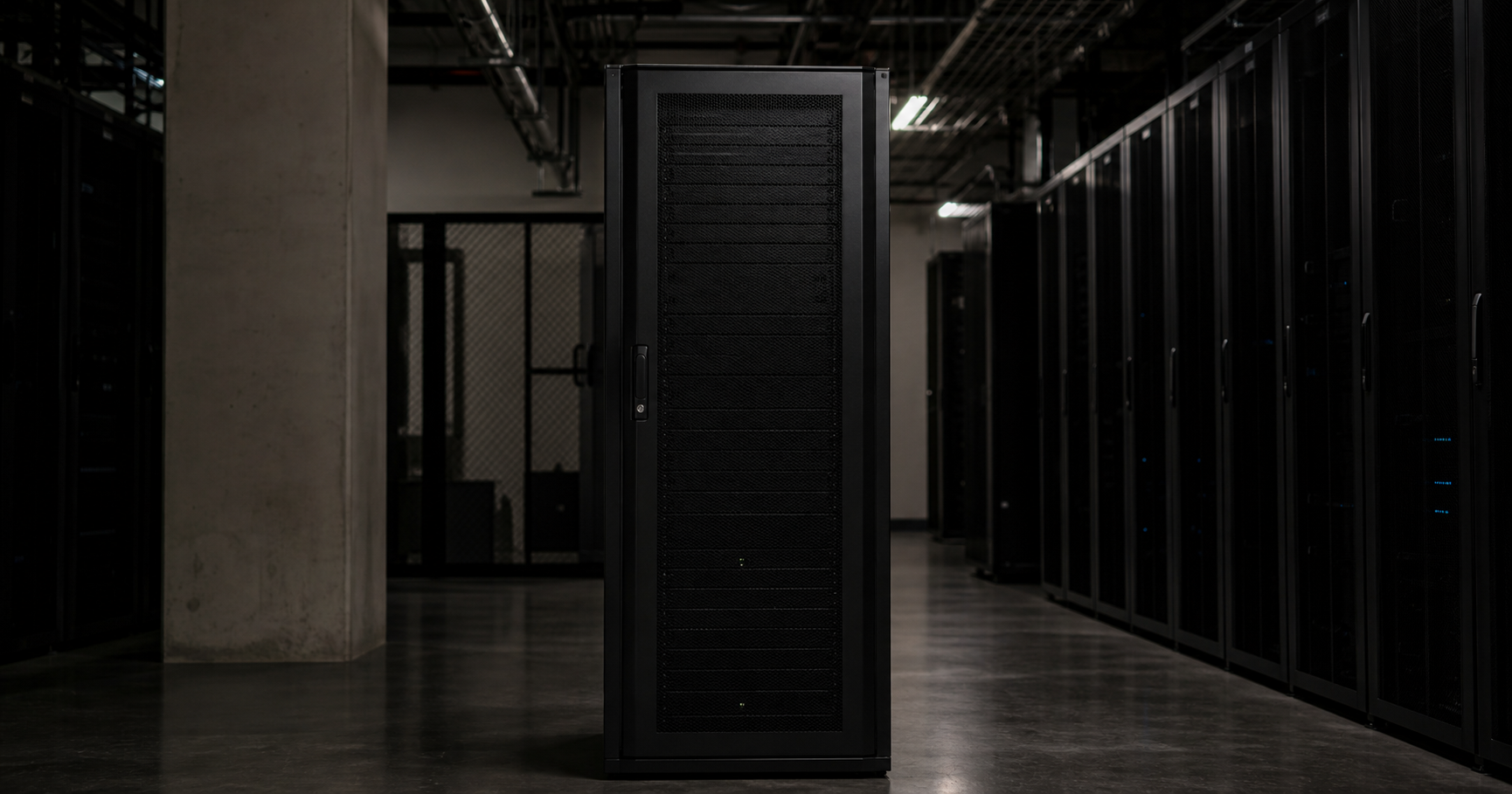 An unlabeled network rack in a dark server room with a single amber LED illuminated.
