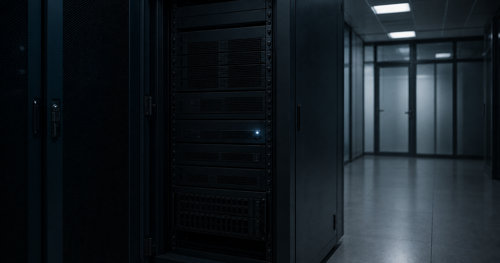 A dimly lit server room with idle server racks, an insurance policy document placed on top, and a network diagram showing an unplugged cable labeled AS211631.