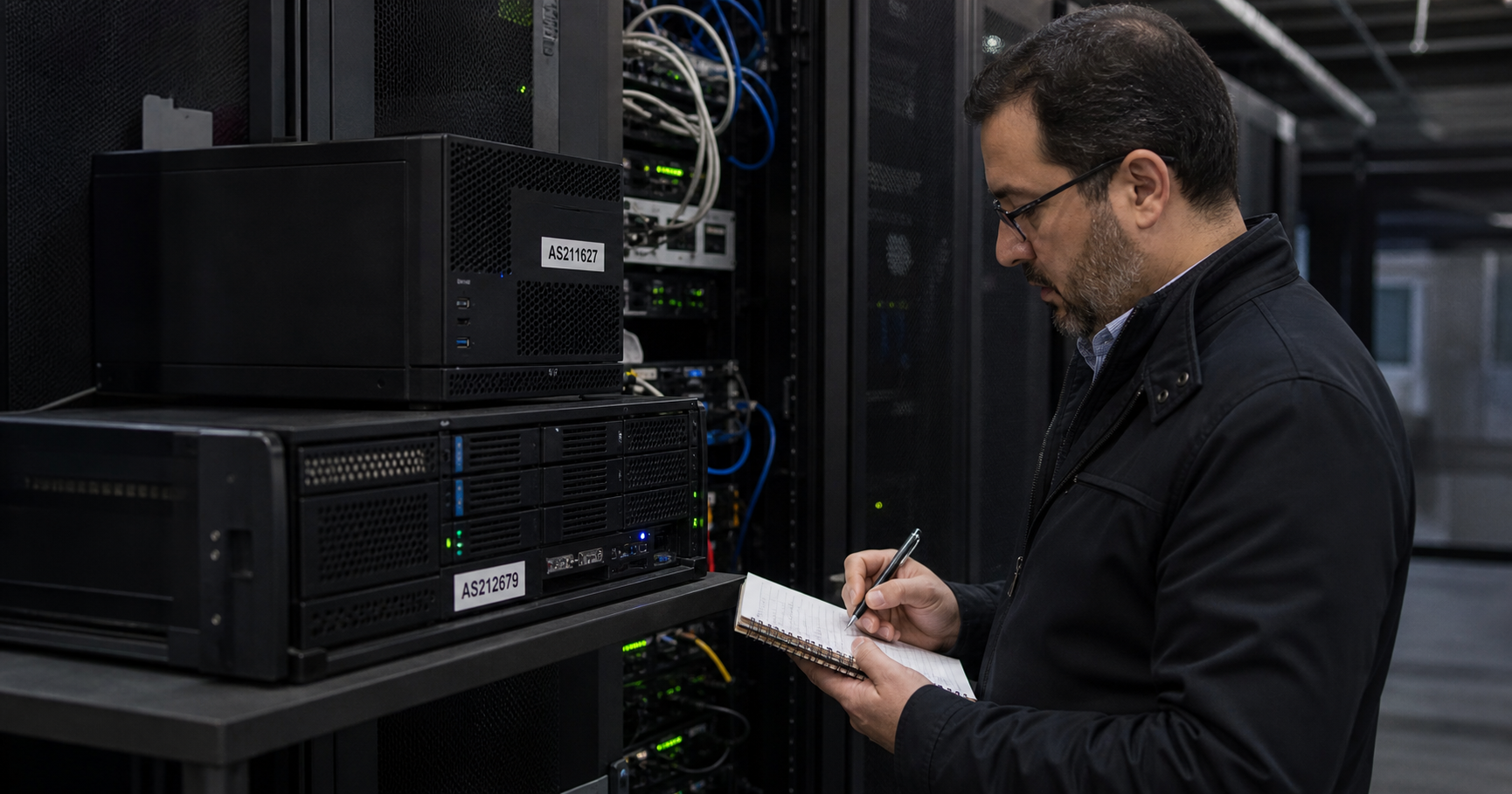 A dark server room with two rack-mounted devices blinking LEDs labeled AS211627 and AS212679, their network ports empty.
