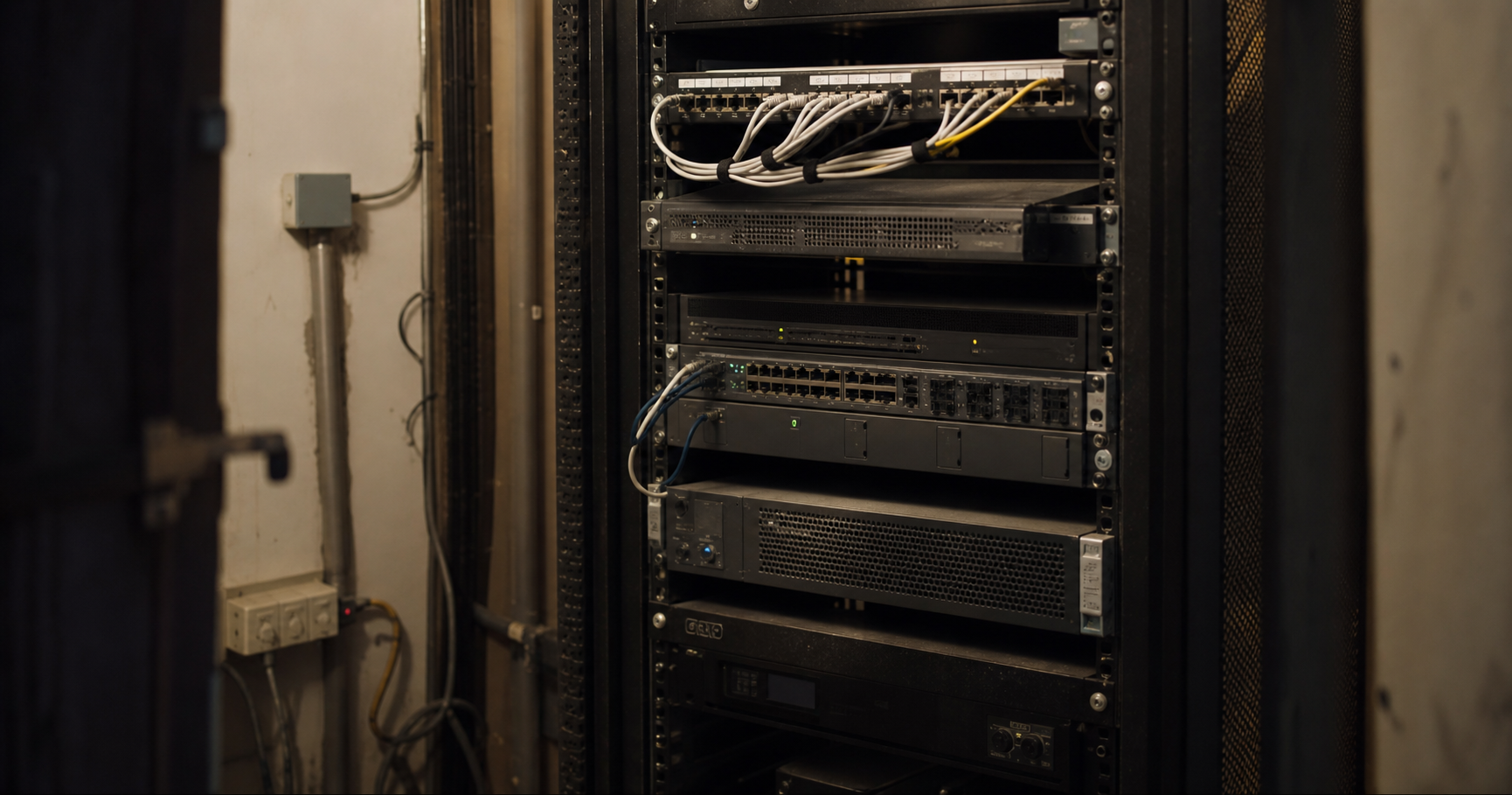 A dimly lit server room with a single dusty equipment rack.