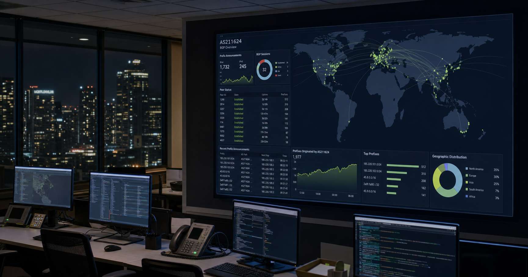 A dimly lit network operations center with a large screen displaying BGP routing data for AS211624, amber text glowing, operator looking at the screen.
