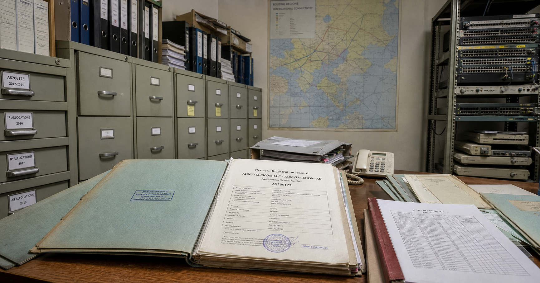 A dusty filing cabinet drawer with a single ASN registration certificate, surrounded by cobwebs and disconnected equipment, symbolizing the dormant and latent nature of AS211620.