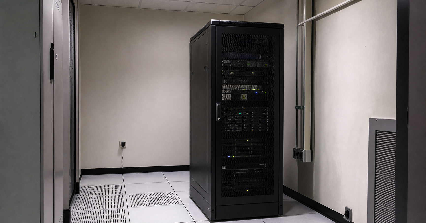 A dimly lit server room with a single rack.