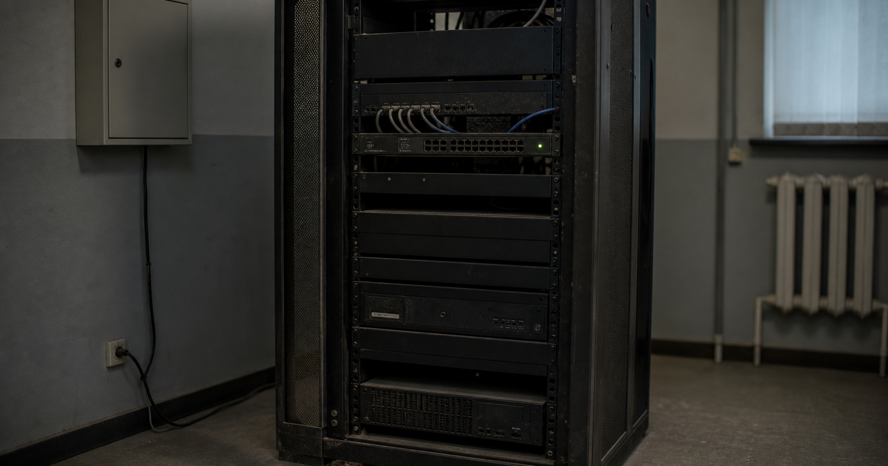 A dusty server rack with a single router, its lights dark except one labeled AS211616, in a dim room with an outdated network diagram.