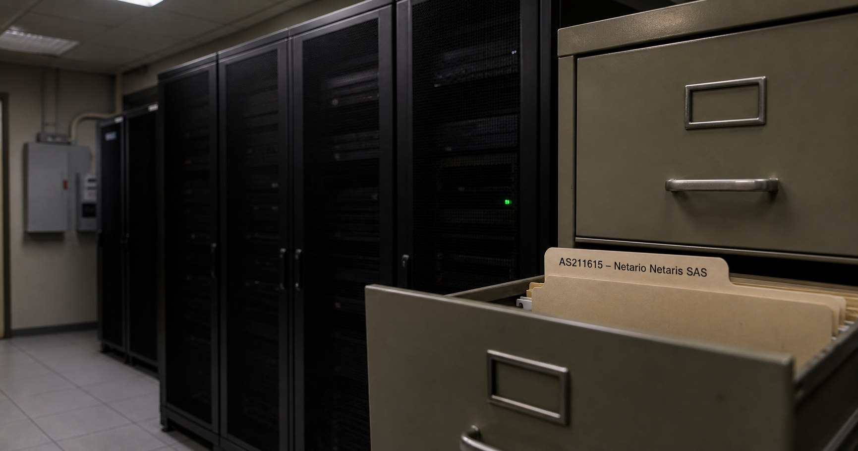 A dim network operations room with idle servers and a filing cabinet drawer labeled AS211615.