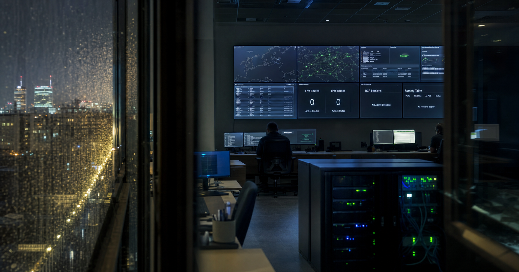A network engineer monitoring a RIPE NCC registry dashboard showing no prefixes announced for AS211614, symbolizing latent routing capability and uncertainty.