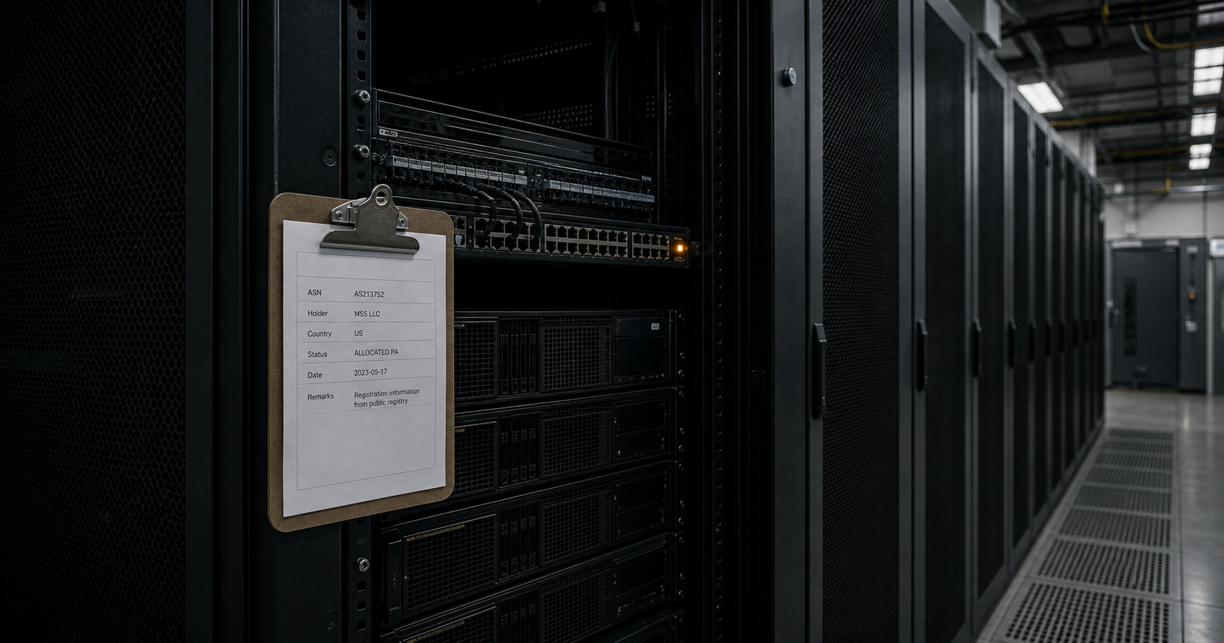 A dimly lit server rack in an empty data center, a single amber indicator light blinking on a switch, symbolizing a dormant network waiting for activation.