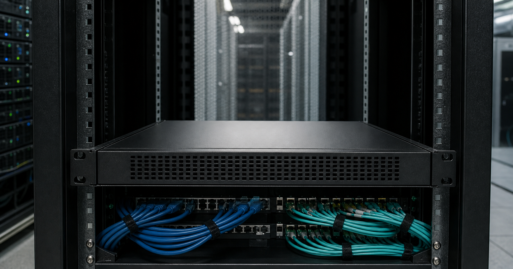 A close-up of an unlit rack unit in a data center, its network ports dark and cables coiled neatly beneath.
