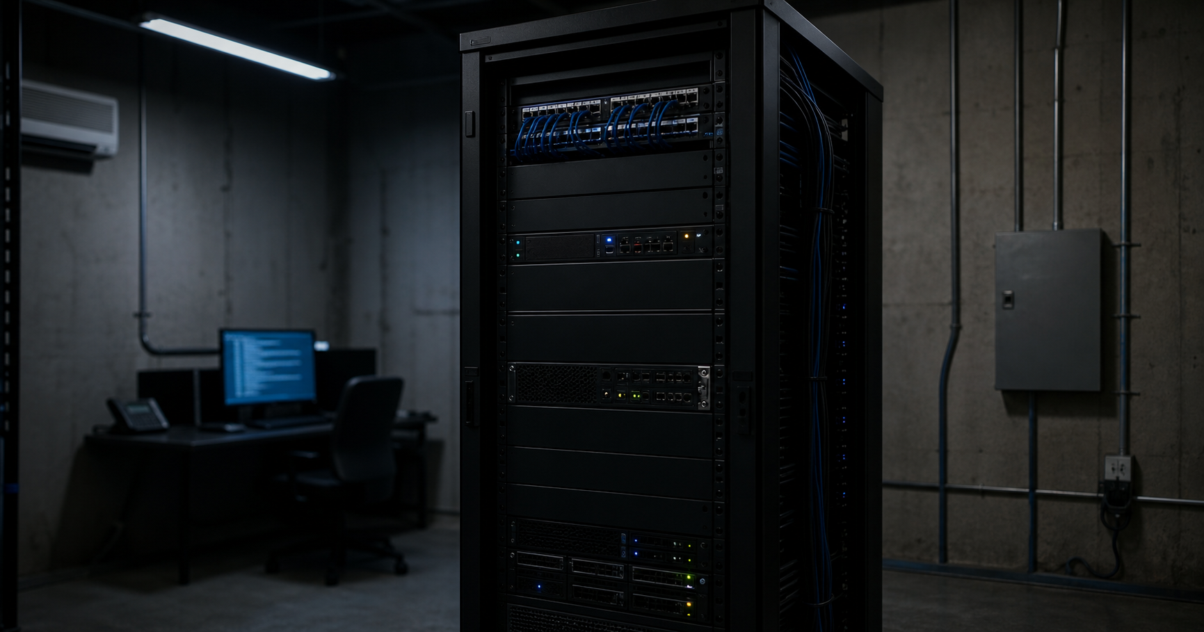 A dark server rack with one blinking amber light, labeled AS211608, beside a monitor showing no routing activity.